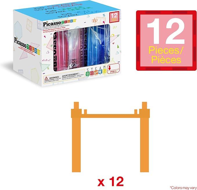 12 Piece Support Column Expansion Supporting Pack for Magnetic Race CarTrack Magnet Tile Building Block Construction Kit Education Toy Boys Girls STEM Puzzle Toy Kids Boy Girl Toddler 3+ PicassoTiles | Adds instant height, simple stack-and-play design,...