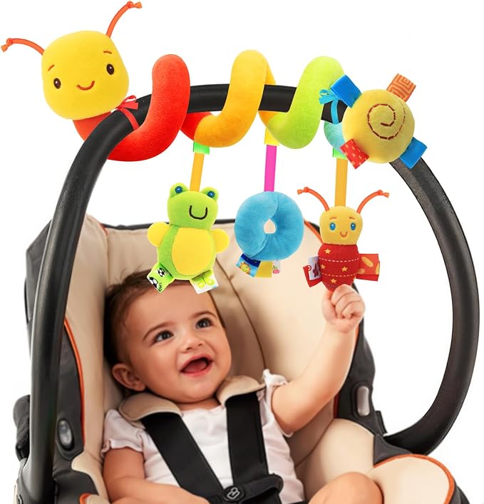 Spiral Car Seat Toys for Babies 0-12 Months | Baby Sensory Soft Plush Hanging Toys, Stroller Crib Accessories, Essentials for Expecting Moms, Baby Shower Registry Gift