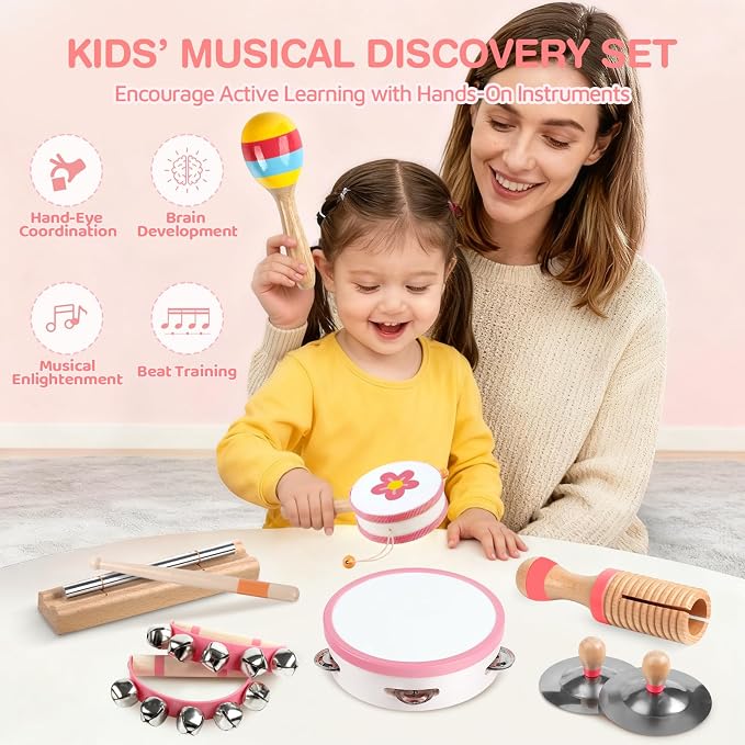Baby Musical Instruments - Montessori Wooden Musical Toys for Toddlers Kids | 10pcs Tambourine Percussion Instruments Set, Preschool Music Learning Sensory Toys, Educational Birthday Gifts for Boys Girls