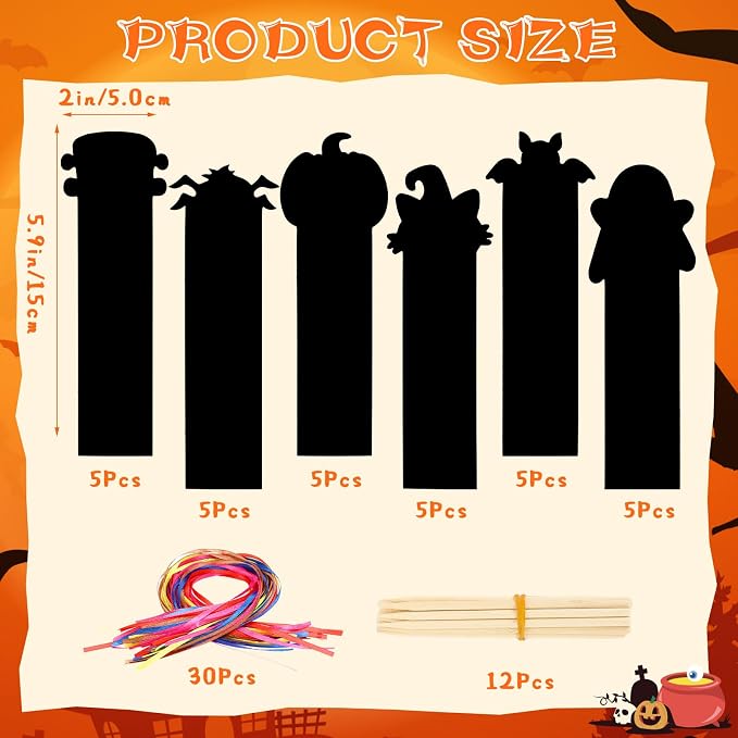 JUNEBRUSHS 30Pcs Halloween Scratch Bookmarks, Rainbow Magic Scratch Paper Art Pumpkin Bat Spider DIY Crafts Kit for School Classroom Activity Halloween Gifts