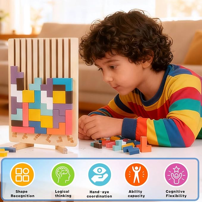 Wooden Colored 3D Russian Block Stacking Puzzle, Montessori Educational Toy Gifts for Toddlers Ages 3+ Fun Brain Teasers Family Board Game and Classroom Activities