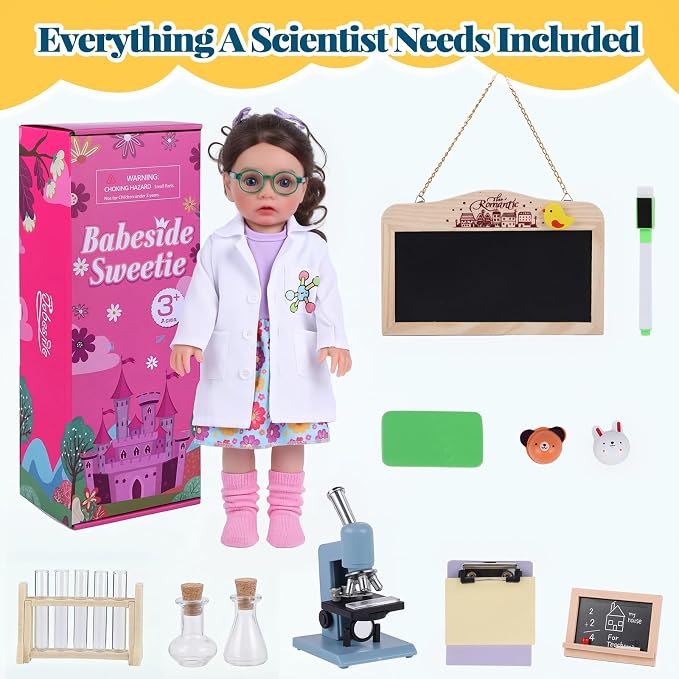 BABESIDE 16 Inch American Scientist Girl Doll with Microscope, Lab Play Set | Reborn Baby Dolls Girl, Chemistry Lab Accessories, Complete Pretend Play Scientist Toy, Birthday Gift for Kids Age 3+