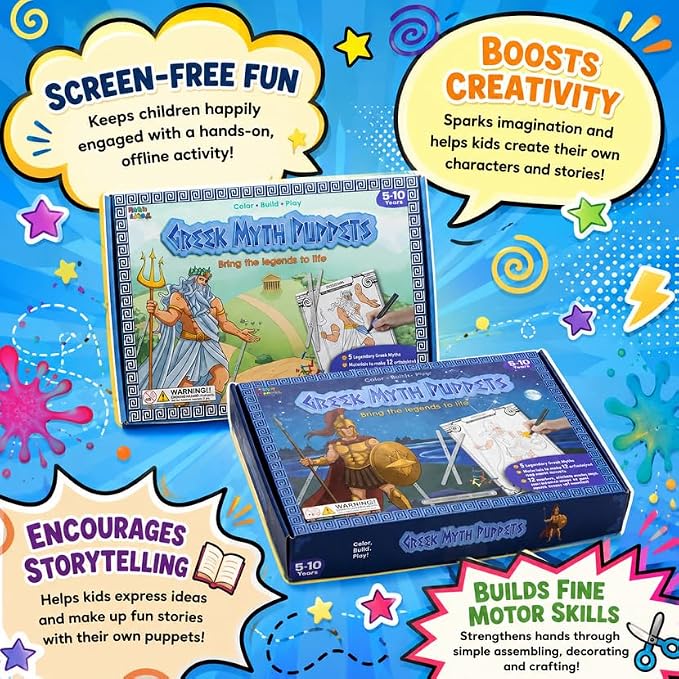 Greek Myths DIY Craft Kit for Kids Ages 5–10, Articulated Paper Puppets to Color, Build & Play, Bring Ancient Legends to Life, Fun Educational Gift (Nighttime Magic)