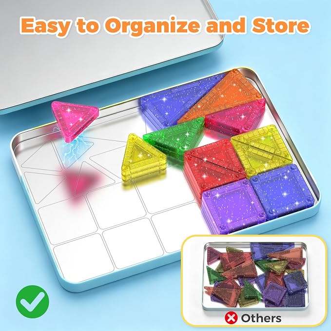 46PCS Glitter Mini Magnetic Tiles Travel Set with Storage Case | Portable Magnetic Blocks Building Toys for Toddlers Kids Ages 4-8, Classroom STEM Learning Toys for Boys Girls Birthday Gift