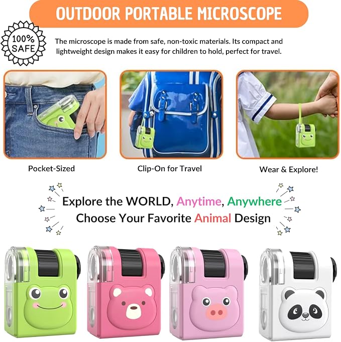 2026 New Kids Pocket Microscope Toy - 60x-80x Handheld Portable Science Kit with LED Light - STEM Educational Gift & Christmas Stocking Stuffer for Boys & Girls Age 3-12 (Pink Bear)
