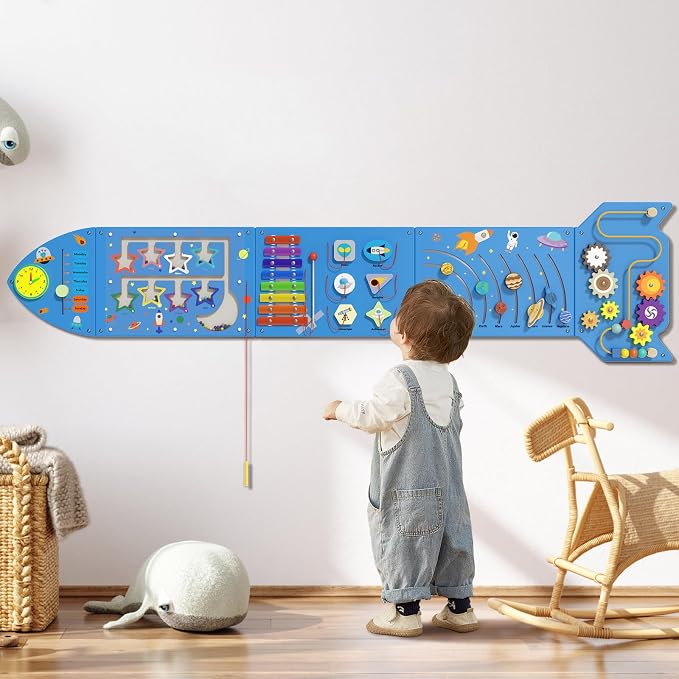 Rocket Activity Wall Busy Board Panels - Sensory Wall Panel for Kids, Montessori Toddler Wall Activity Board, Wall Toys for Toddlers 3, Activity Cube, Wooden Boards, Blue
