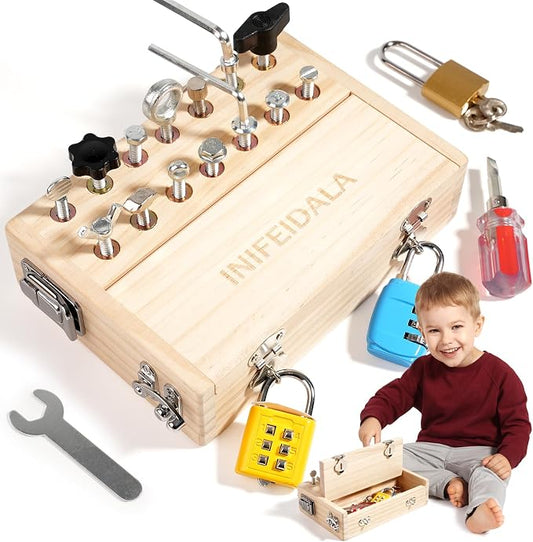 INIFEIDALA Montessori Busy Board Toys for 3 4 5 6 Year Olds | Screwdriver Board Set-Lock and Key Toy,Fine Motor Skills,Wooden Kid Tool Set,Birthday Gift for Boys & Girls,Quiet Travel Toy