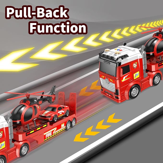Boys Fire Truck Toy, 25" Large Friction Semi Truck with Helicopter & Race Car, Lights & Sounds, Suitable for Ages 3-8