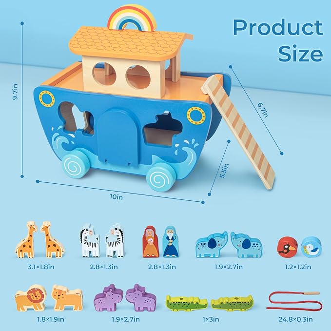 Wooden Noahs Ark Toy with Animal|Baby Baptism Gifts for Boys and Girl | Montessori Toys for 1+ Years Old|Eductional Shape Sorting Noah's Ark Toys for Toddlers 1-3|Learning Christening Birthday Gift