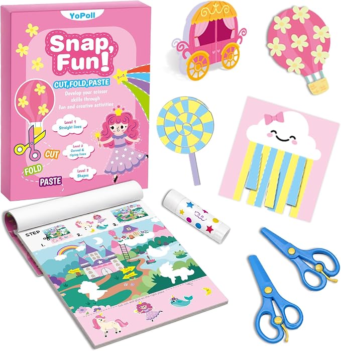 YoPoll Scissor Skills Activity Book for Kids, Toddler Arts and Crafts Kit with 2 Safety Scissors, Preschool Learning Toy for Fine Motor Skills and Creative Cutting Practice, Fun Gift for Boys & Girls