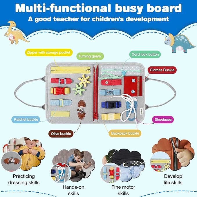 Busy Board Montessori Toys for Boy & Girl Birthday Gifts, Autism Sensory Travel Toy, Educational Activity Sensory Busy Book for Learning Fine Motor Skills, Gray