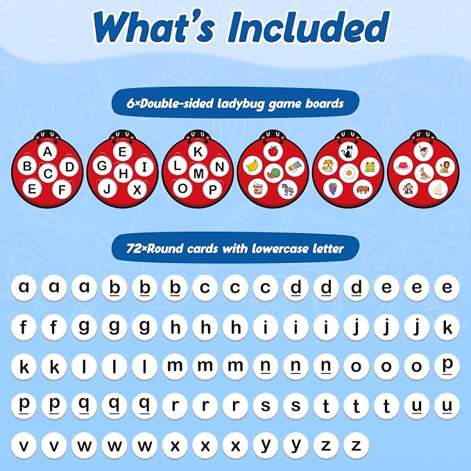 Kasfalci Alphabet Games for Kids Toddlers,Animal Cards,Alphabet Learning Toys,ABC Flash Cards,Speech Therapy,Letter Matching Board Games for Kids 3-6,Ladybug Toys,Preschool Classroom Must Haves
