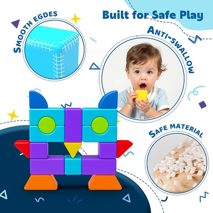 Pairez Toys Magnetic Blocks, Large 1.65 inch Stacking Blocks for Kids | 19 PCS blocks, 7 Colors & 8 Shapes, 3D Building Fun, Montessori Sensory Toy, Preschool Construction Kit, Travel & Outdoor Toy