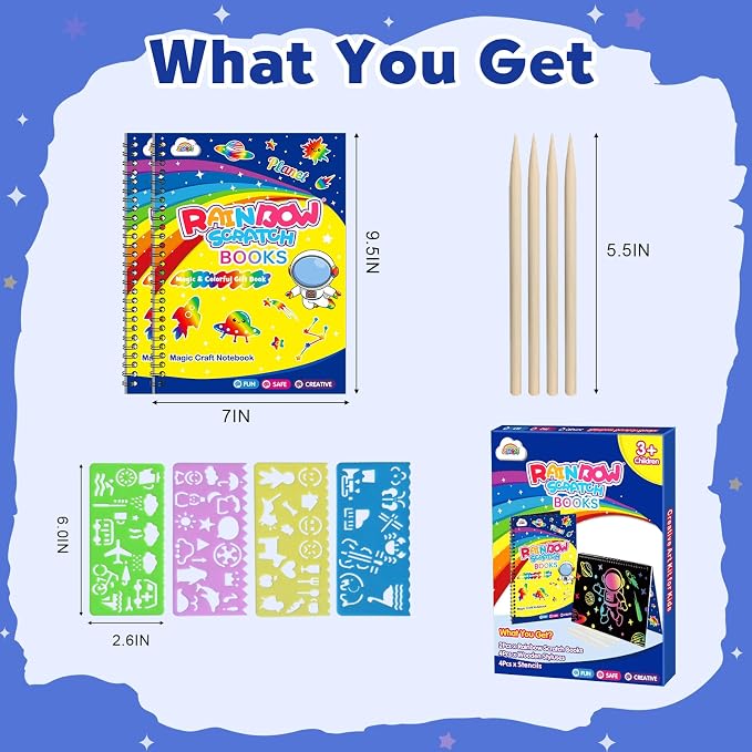 ZMLM Scratch Paper Art-Crafts Gift: 2 Pack Rainbow Notebooks Supplies Toys | Art Crafts for 3 4 5 6 7 8 9 10 11 12 Years Old Girls and Boys Kids Birthday Christmas Party Travel Games Activities Planet