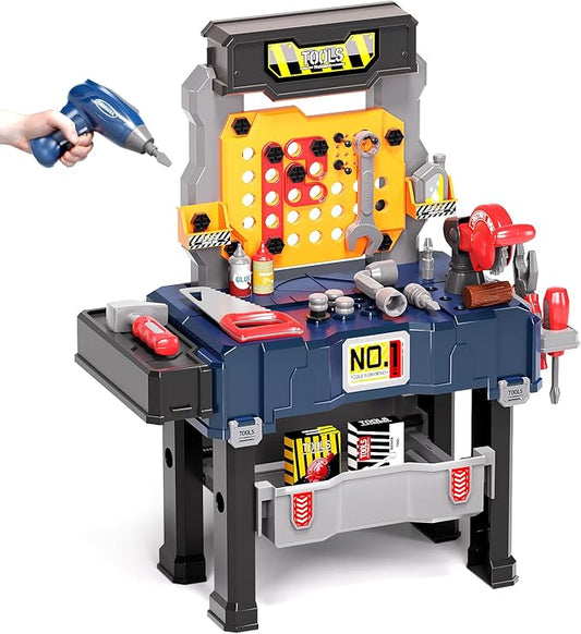 Deejoy Kids Tool Bench with Electric Drill and Miter Saw | 2-in-1 Toddler Workbench and Tool Box Set, Construction Toys for Boys 3-5, Engineering Play Set for Toddlers Age 3 4 5 6