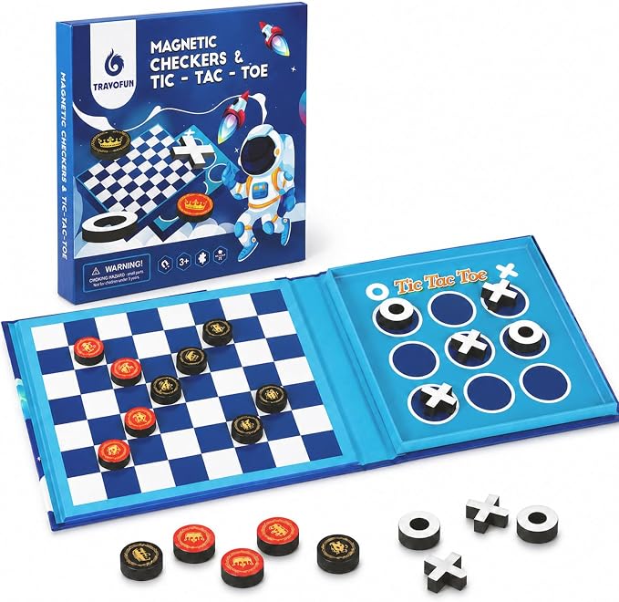 TRAVOFUN Magnetic Checkers Board Game | Travel Games for Kids 8-12 | Foldable travel checkers game with tic-tac-toe keeps magnetic pieces secure for car rides, flights, camping, and family play.