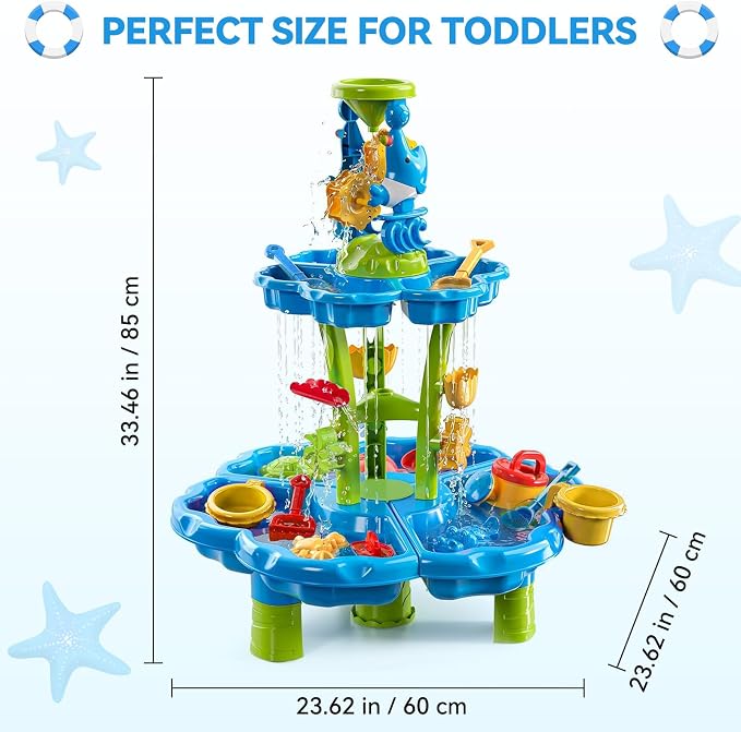 HeySplash Water Table for Toddlers 3-Tier with Toy Accessories | Kids Water and Sand Activity Sensory Playset, Sand Table Summer Splash Sensory Table for Outdoor Beach Backyard Garden, Blue