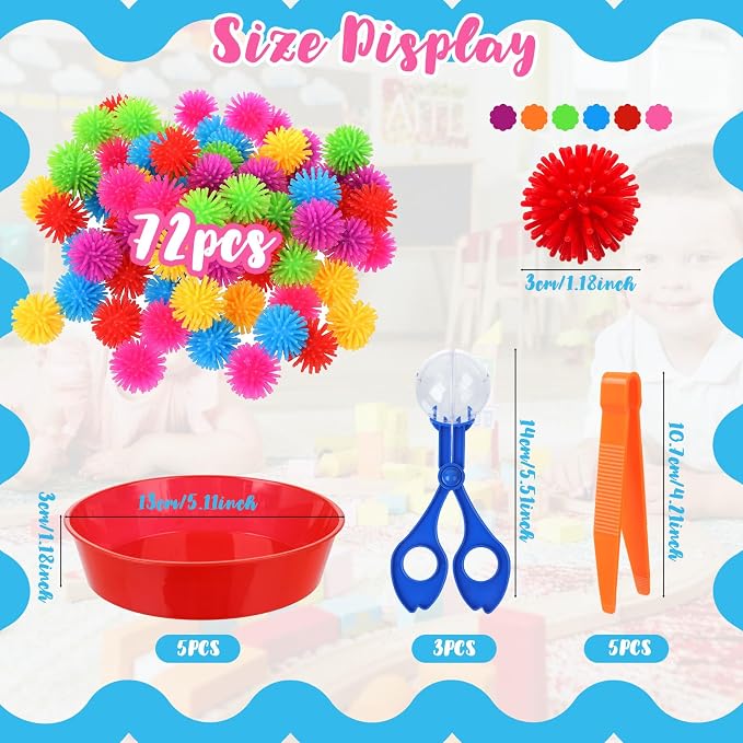 85 Pcs Sensory Bin Filler Kit with Tools Fine Motor Skills Set Counting Sorting Training Set with 72 Hedge Balls 5 Tweezers 3 Scissors Clips 5 Cups Learning Activities for Home School