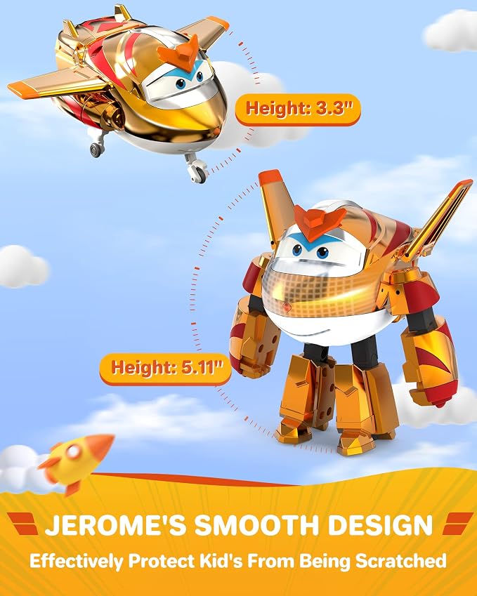 Super Wings 5" Transforming Golden Boy, Airplane Toys Vehicle Action Figure, Transforming Plane to Robot, Birthday Gifts for 3 4 5 Year Old Boys Girls Preschool Kids, Gold