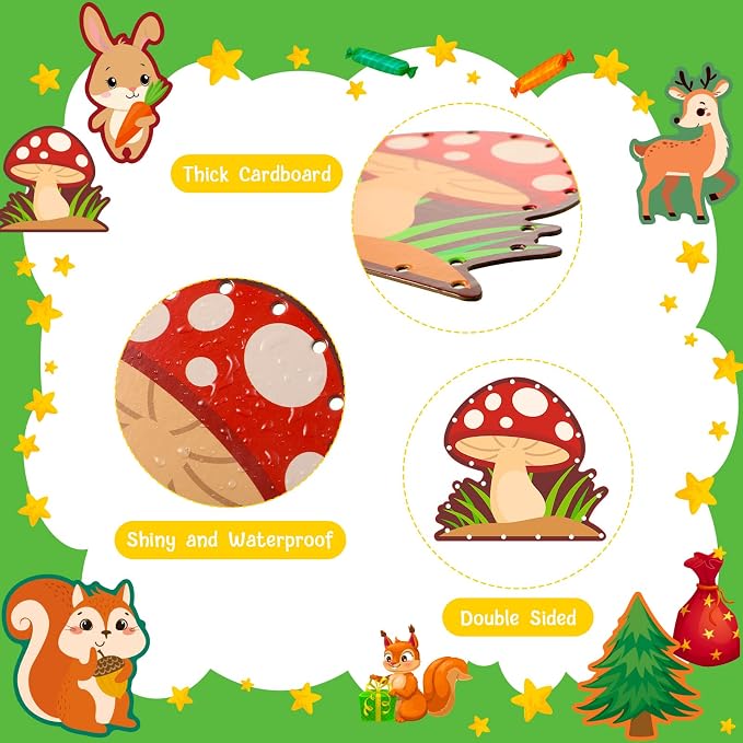 Pajean 10 Pcs Kids Lacing Cards Double Sided Animal Sewing Cards Kits 10 Styles Lacing Toy Crafts for Toddler Ages 6+ Developing Imagination Preschool Learning Activity Supplies(Forest Animals Style)