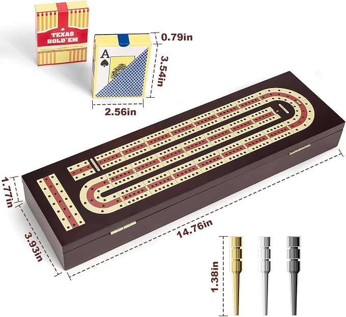 ESENHARBER Cribbage Board Game Set, Premium Wooden Board with Magnetic Lock and Metal Pegs, 2 Playing Cards, and Large Storage - Travel-Friendly Continuous 3 Track Board