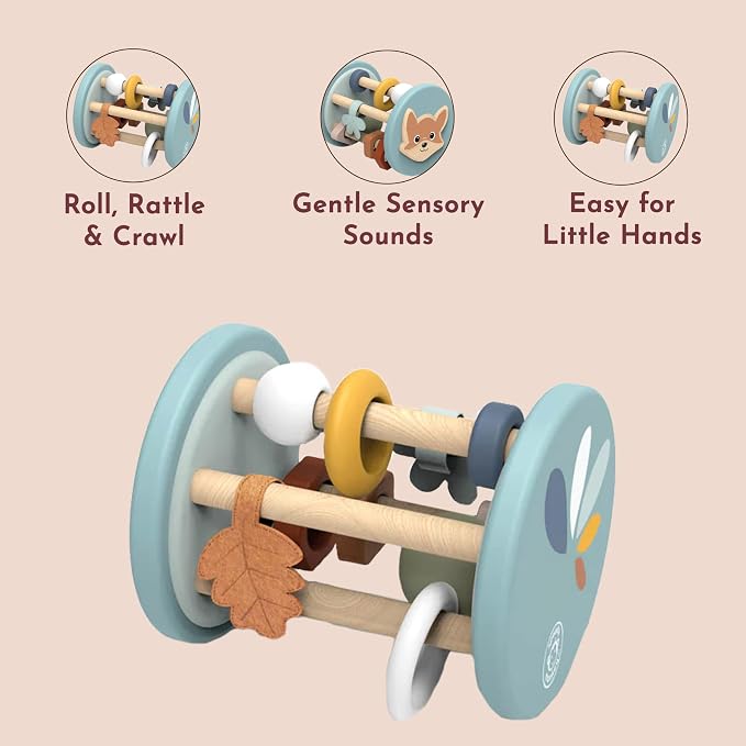 Fox Roller Rattle Baby Toy Wooden Sensory Rolling Toy 6M+ | fox roller sensory design, wooden rattle, baby rattle, infant toys, grasping fine motor, auditory play, newborn boys girls