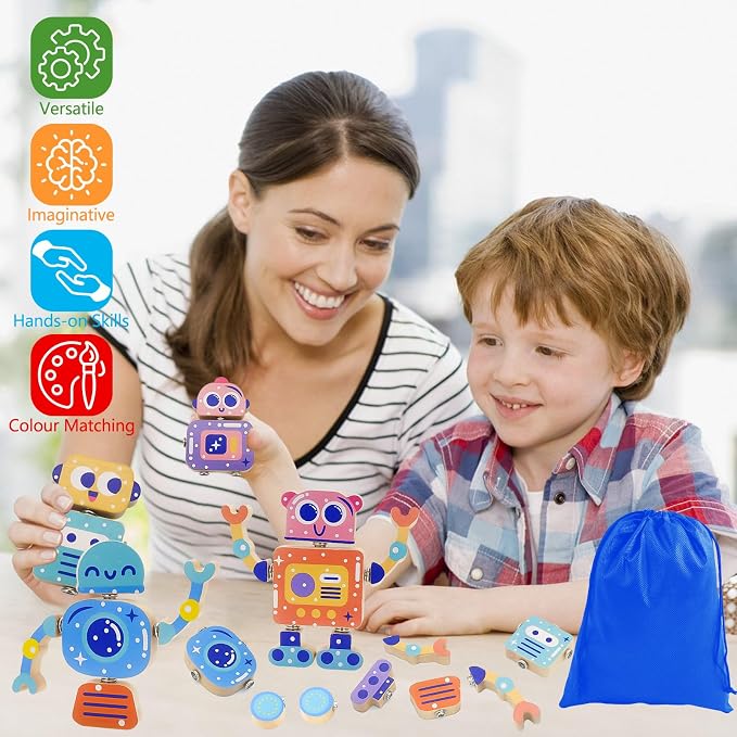 28-Piece Wooden Snap-Together Take-Apart Robot Building Blocks for Kids 3-6 | Mix-and-match heads, bodies, arms and legs for varied creations, fine motor practice, problem-solving and open-ended play