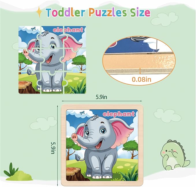 Wooden Animals Puzzles for Toddlers, 8 Pack 9 PCS Jigsaw Puzzles for Kids | Wooden Puzzles for Toddlers 3-5, Animal Puzzles for Kids 3-5, Preschool Puzzles Learning Educational Sets Toys