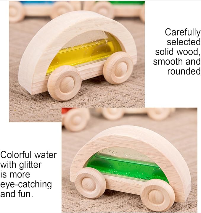 Dinhon Wooden Acrylic Water Glitter Car Toys for Toddlers 2-4, 4 Pack Colorful Sensory Water-Filled Cars, Montessori Toy Set for Boys Girls, Acrylic Rainbow Building Block Matching Products