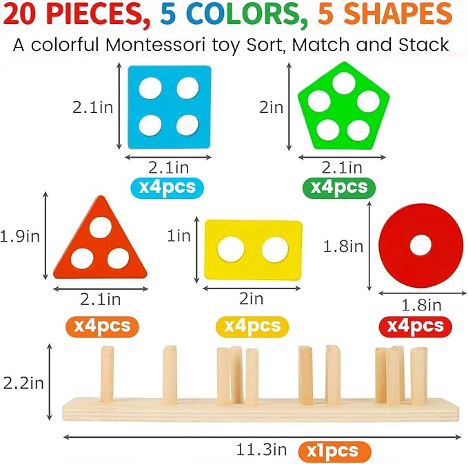 3 otters Wooden Stacking Sorting Toy, 20PCS | Montessori Sensory Puzzle, Shape Recognition, Matching Learning Game, Preschool Gifts, for Toddlers