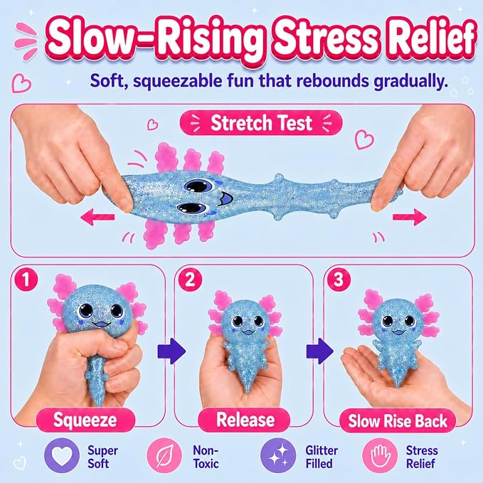Axolotl Squishy Stress Ball, Soft TPR Slow Rising Squeeze Toy, Cute Axolotl Fidget Toy for Stress Relief, Anxiety Calming Sensory Toy for Kids Adults(Blue BigEars Axolotl)
