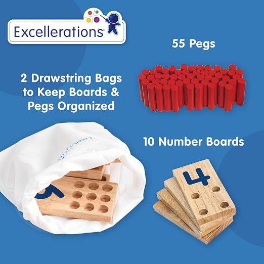 Excellerations Peg Number Board, Included: 10 Rubberwood Boards + 55 Wood Pegs + Storage Bag, Montessori Math Materials, Learning Manipulatives, Counting for Kids, Reggio Emilia Classroom Essentials | Includes Storage Bag, Montessori Math Manipulatives...