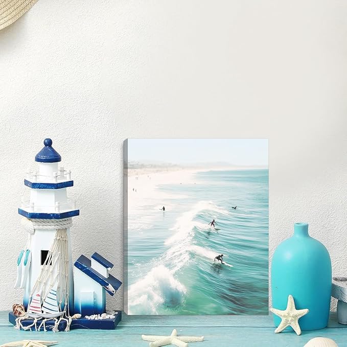 HOURIA 6Pcs Ocean Beach Canvas Wall Art Set(8”x10”), Summer Ocean Surfing Wall Decor,Coastal Seascape Themed Wall Decor,Pink Surfboard Coconut Tree Art Print for Living Room Bedroom