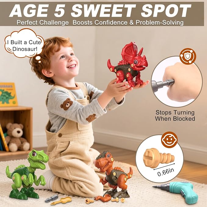 Take Apart Dinosaur Toys for Boy: 85 Pieces 3 Pack & Electric Drill for 4-6 | Easy-to-Use Dinosaur Construction Building Set for Little Hands - STEM Educational Toy & Gifts for Kids Birthday Christmas