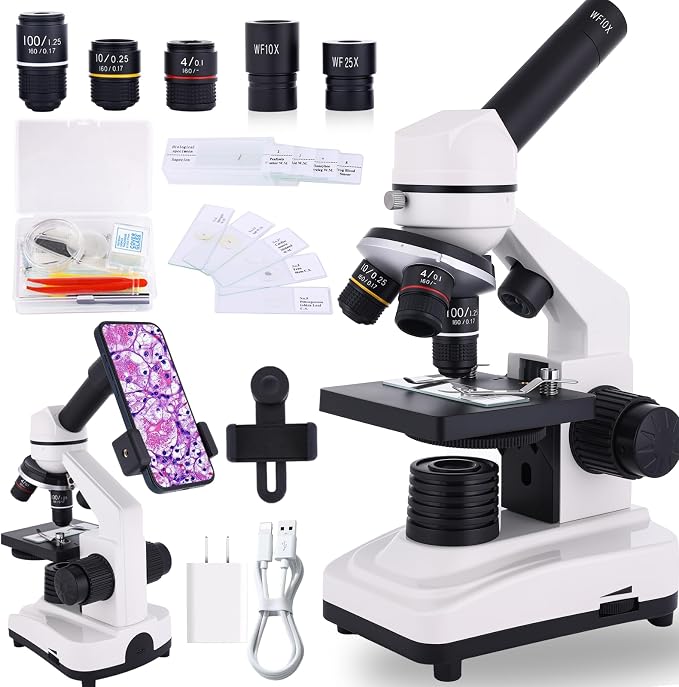 Microscope for Adults & Kids, 40X-2500X High-Power Compound Microscope for Students, School Lab & Home Schooling,Equiped with Slides Set & Phone Holder (White)