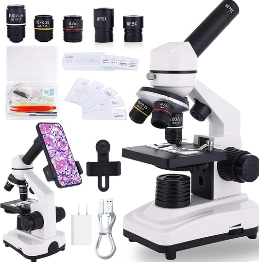 Microscope for Adults & Kids, 40X-2500X High-Power Compound Microscope for Students, School Lab & Home Schooling,Equiped with Slides Set & Phone Holder (White)