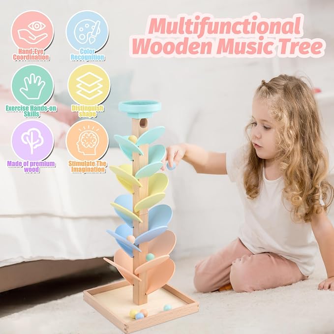 Wooden Marble Run Ball Drop Montessori Toy 4-8 Boys Girls (Height: 20.5") | Kids Wood Music Tree Marble Ball Run Game 3-5 8-12 Years Old Learning Color Sorting Sensory Toys Birthday Gift