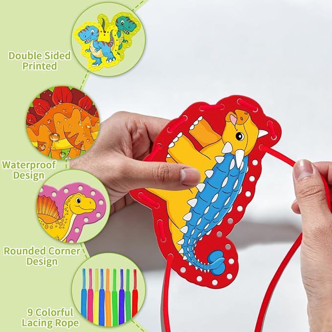 Dinosaur Lacing Cards, Sewing Kit for Kids,Fine Motor Skills Toys | 9PCS Double Side Toddler Crafts for Shoe Tying Practice,Manipulatives for Preschool Learning Activity,Classroom Must Haves