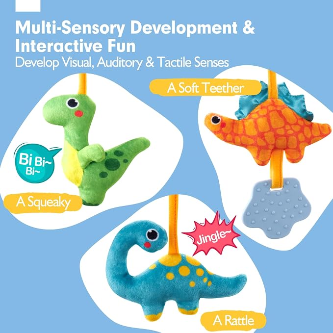 hahaland Car Seat Toys for Babies 0-6 Months Boy Stroller Toy Dinosaur | Baby Toys 0-6 Months - Rattle, Mirror, Crinkle, Squeaky, Developmental Carseat Toy Hanging Travel Birthday Gift for Infants