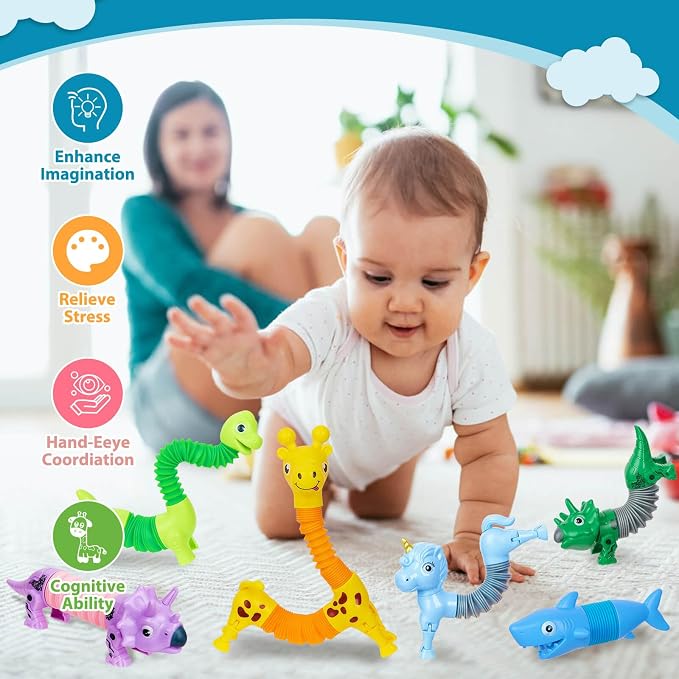 10 PCS Animal Pop Tubes Fidget Toys, Sensory Stress Relief Toys for Kids 3+ | Stress relief fidget toys, autism sensory play, goodie bag stuffers, classroom prizes, kids party favors, ages 3+