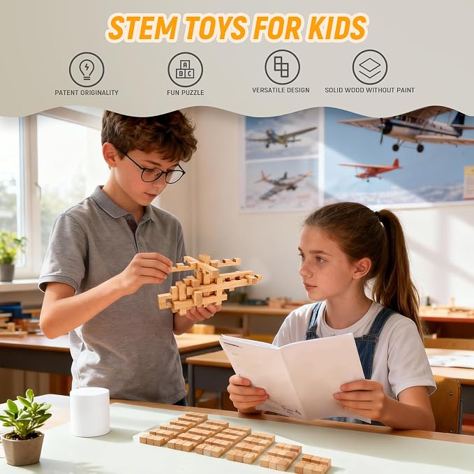15 in 1 STEM Wooden Building Blocks -15+ Shapes, 3D Puzzle, Logic Brain Games, Educational Toys Gift for Kids and Classroom, Montessori STEM Toys for Ages 5+ to Adults