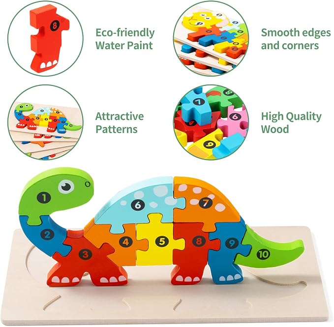 6 Pack Wooden Puzzles for Kids Ages 3-5, Animal Jigsaw Puzzles | 60 Pieces, CPC certified, with Numbers 1-10, Montessori Learning Toys, Educational Number Puzzle Gift Set, in Gift Box