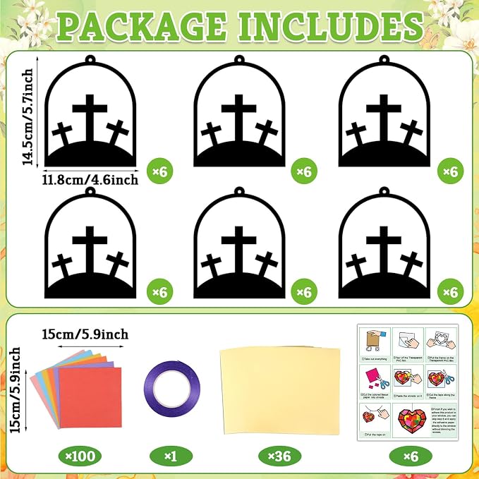 Qyeahkj 36 Set Easter Jesus Cross Suncatchers Crafts for DIY Christian Religion Cross Window Tissue Paper Craft Kit Hanging Decor for Home Activity Art Project Birthday Party Favor