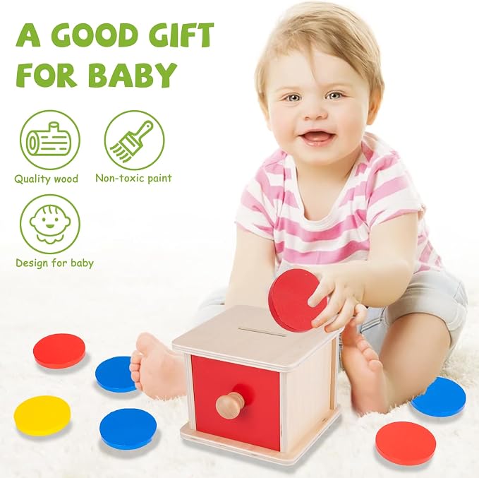 Adena Montessori Coin Lock Box Object Permanence 6-12 Months | Red drawer, red yellow blue coins. Smooth burr-free. Color sorting, hand-eye coordination, fine motor. Learning gift.