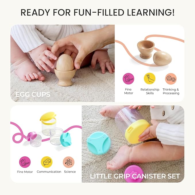 Tiny Land Montessori Toy Set for Babies 1 Year Old Thinker Play Kit- 5-in-1 Wooden Learning Toys with Peg Drop Box, Rocking Stacker, Egg Cup, Canister Set, and Crinkle Bag | Peg drop box, rocking stacker, egg cup, canister set, crinkle bag, wooden lear...