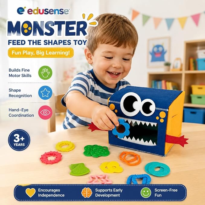 edusense Monster Feed Me - Feeding Game Sensory Toy for Toddlers 3+ | 20 Washable Silicone Shapes | Fine Motor Skills & Color Recognition | OT Sensory Play for Autism | Self-Storing Travel Toy