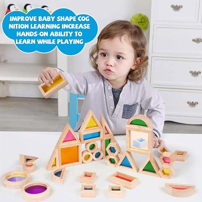 Agirlgle Wooden Rainbow Building Blocks for Kids 32 Pcs Rainbow Stacker Stacking Blocks Game Colorful Construction Toys Preschool Learning Educational Toys -Geometry Wooden Blocks for Boys & Girls