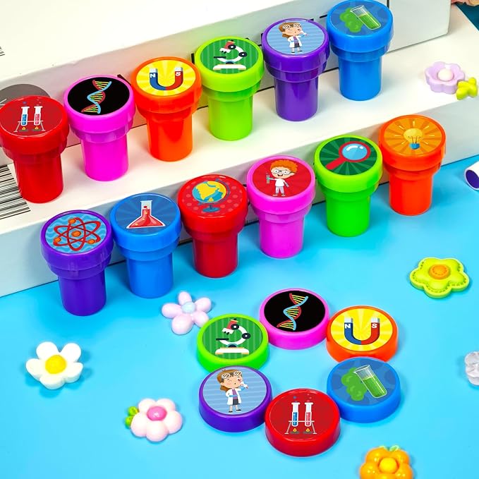 Cinrobiye 24 Pcs Science Stampers Party Favor Set, Cute Science Lab Stamps for Kids Birthday Party, Classroom Rewards, Educational Learning Toys, Goody Bag Fillers, STEM Party Supplies