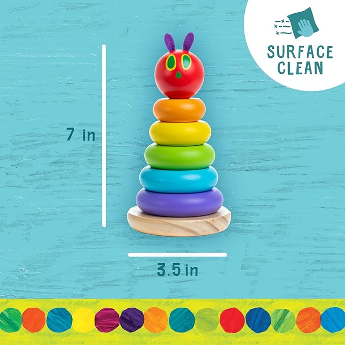 World of Eric Carle, The Very Hungry Caterpillar Wooden Stacker with Colorful Rainbow Rings, 7 Inch Stacking Solid Wood Educational Developmental Toy –Sorting and Stacking