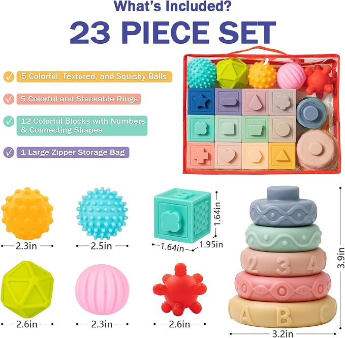 Jyusmile Baby Toys 6-12 Months, Montessori Toy for Babies 6-12 Months, Incl Stacking Building Blocks & Soft Infant Teething Toys & Sensory Balls for Toddlers 0-3-6-9-12 Month